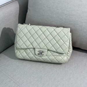 CHANEL White Lambskin Quilted Classic Flap Bag Jumbo SHW